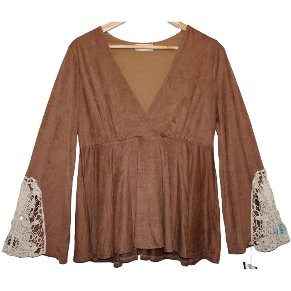 NWOT Altar'd State Brown Cream Bell Sleeve V-Neck Knit Lace Cuffs Blouse Size L
